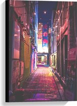 Canvas  - Stadsstraat in de Nacht - 40x60cm Foto op Canvas Schilderij (Wanddecoratie op Canvas)