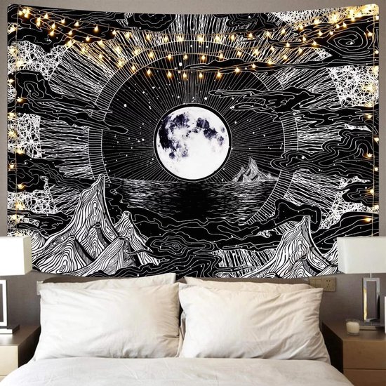 Ulticool Wandkleed 200x150 cm – Maan Sterrenhemel Natuur Bohemian – Met Bevestigingspinnen - voor Binnen - Aesthetic Room Decor Wandtapijt Decoratie Posters Boho Wanddoek Slaapkamer Tarot Kaarten Heks Zwart - Vrouw Man Tiener Meisje