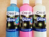 Glow in the darkverf Creall in 3 kleuren blue, red/pink en green/yellow a 250ml