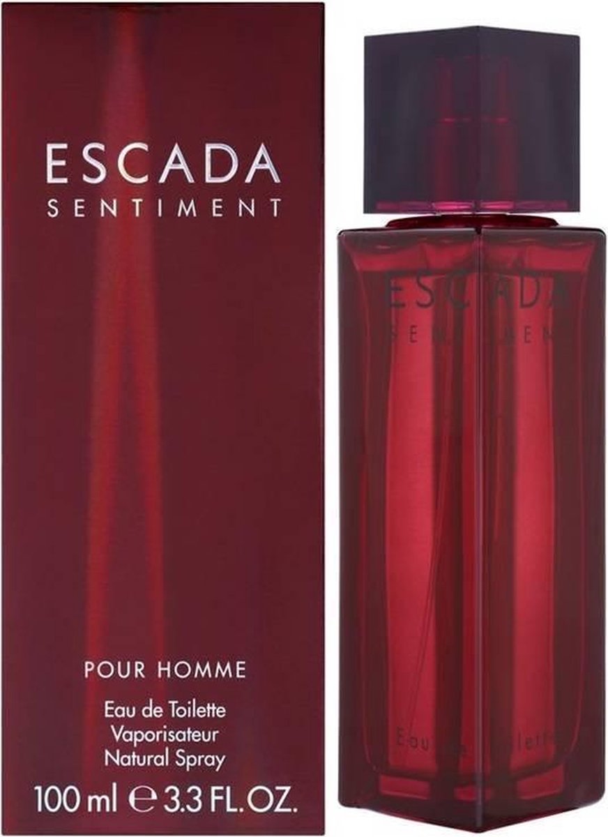 Escada Sentiment Pour Homme Eau de Toilette, 100 ml, in een rechthoekige rode fles met een rode doos.