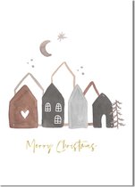 Kerstposter Merry Christmas Huisjes Goudfolie A3 poster + witte fotolijst (29,7x42cm)