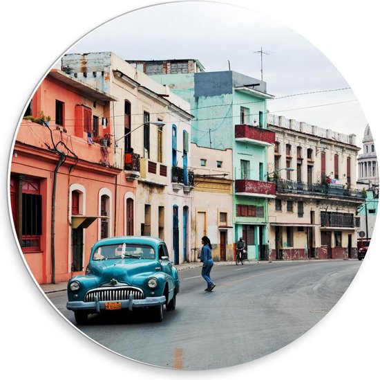 Forex Wandcirkel - Dorpsstraatje in Cuba - Foto op Wandcirkel (met ophangsysteem)
