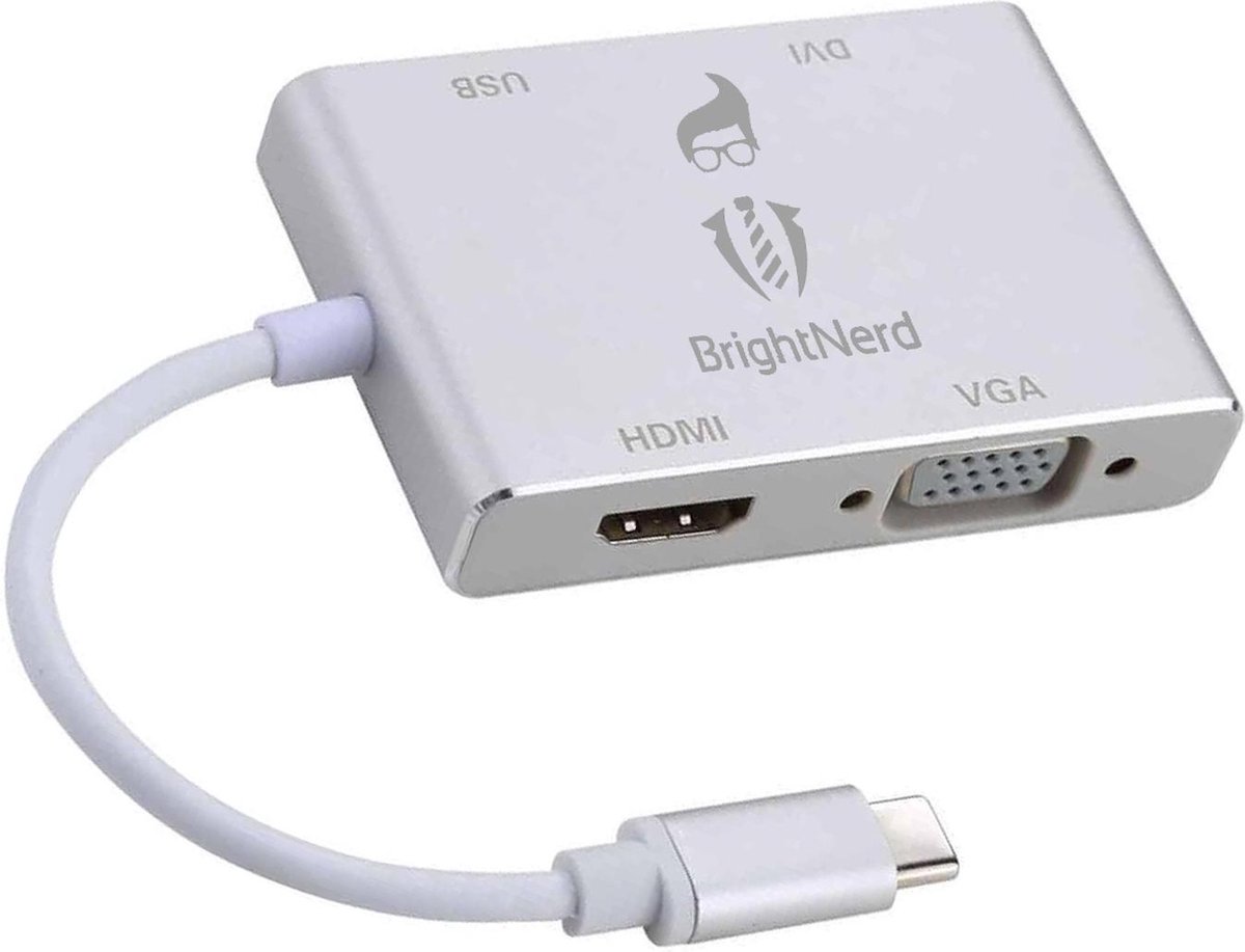 BrightNerd 4 in 1 Aluminium Hub - USB-C naar VGA + DVI + HDMI + USB 3.0 adapter - Voor o.a. Macbook / Surface / Laptop - BrightNerd