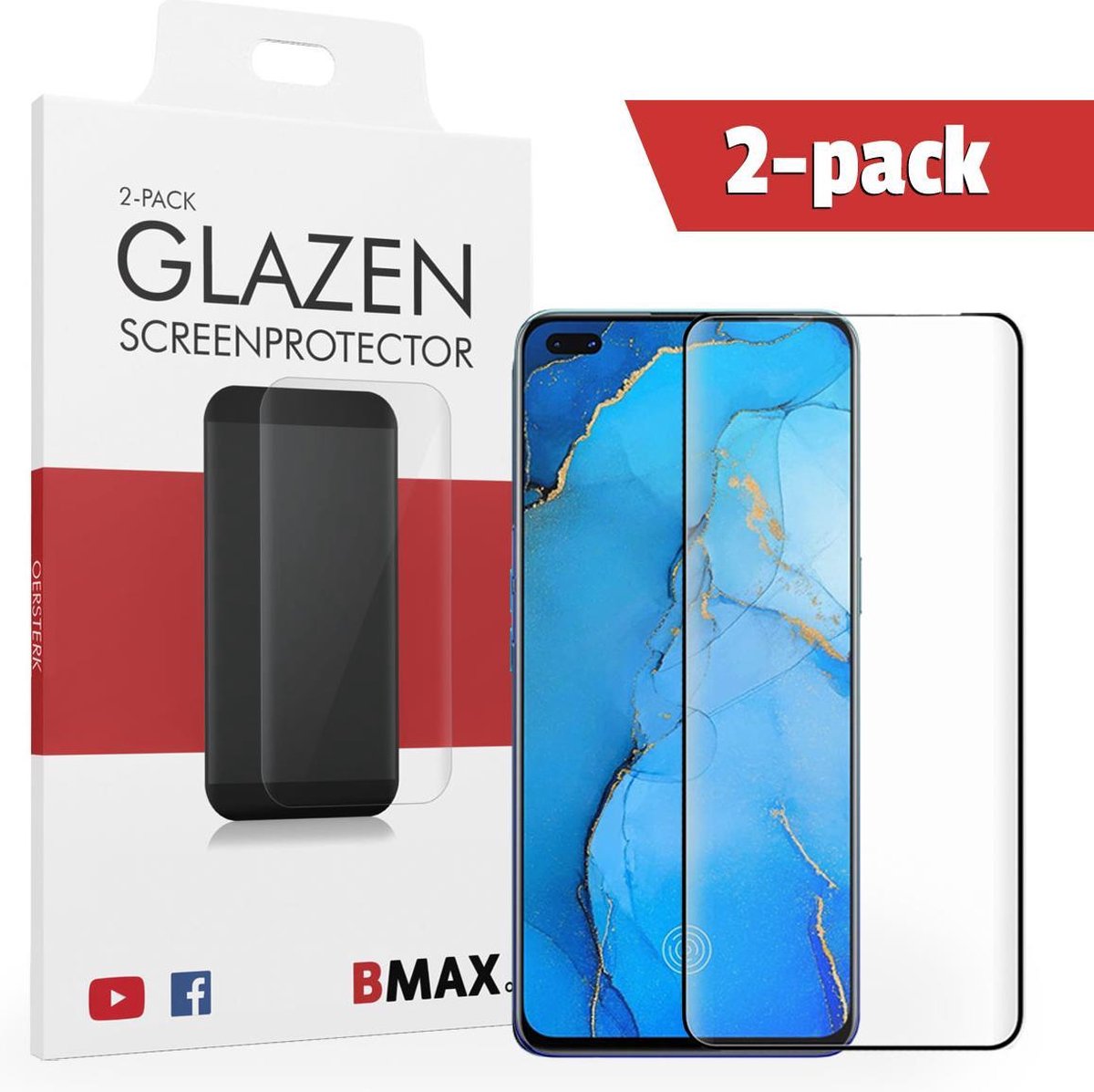 2-pack BMAX geschikt voor OPPO Reno 3 Pro Screenprotector Full Cover 5D / Full Cover Glas / Met volledige dekking / Beschermglas / Tempered Glass / Glasplaatje - Black/Zwart
