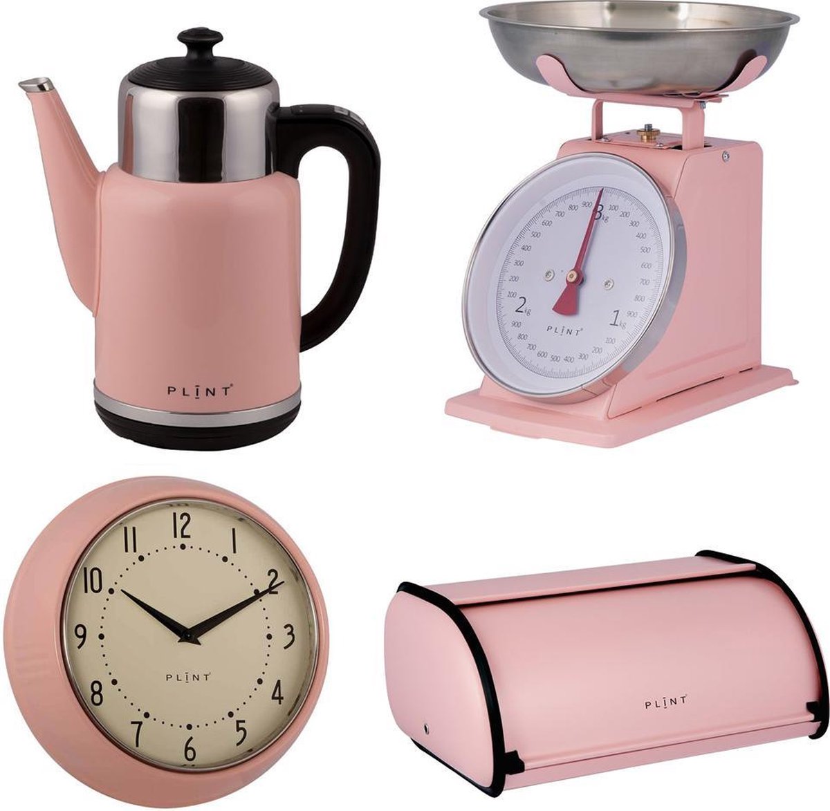 PLINT | Roze | Luxe retro cadeau-assortiment | extra voordelig | Regelbare waterkoker incl. warmhoudkan, weegschaal, broodtrommel, klok