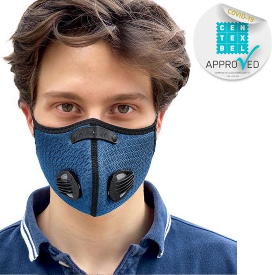 Foto: Breezy luxe mondkapje azuur blauw mondmasker maat large verstelbaar met 4x wegwerp filter 4 ventielen vervangbaar herbruikbaar comfortabel mond kapje voor sport medische filtering in opbergzakje sportmasker geschikt voor brildrager