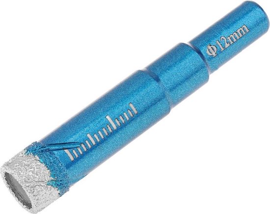 Blauwe diamantboormachine van 12 mm met een zilverkleurige, gesegmenteerde boorkop en maataanduiding.
