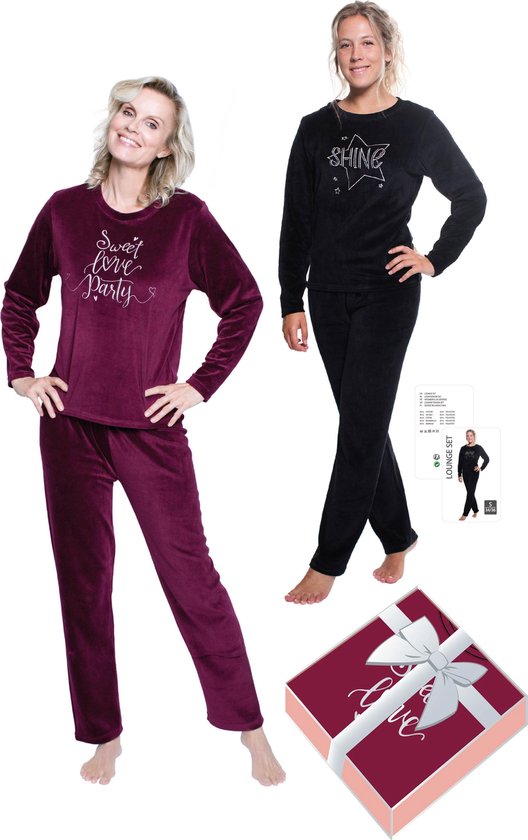 Dames pyjama velour, 2-delige set in geschenkdoos, maat 42/44, kleur bordeaux