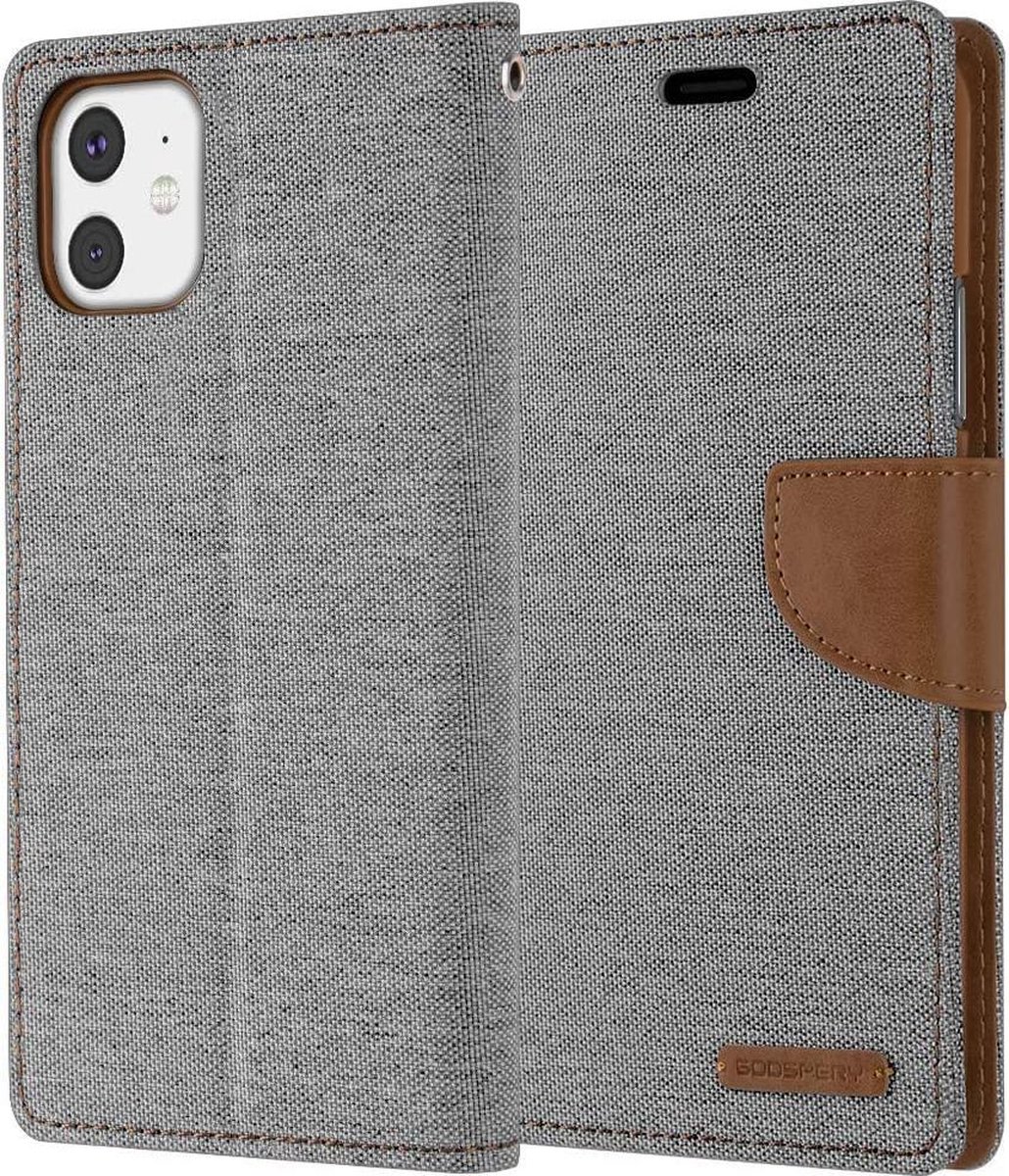 Geschikt voor Apple iPhone 12 Mini Denim Bookcase - Grijs - Spijkerstof - Portemonnee hoesje