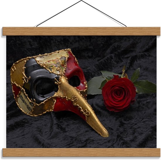 Schoolplaat – Goud/Rood Masker met Rode Roos - 40x30cm Foto op Textielposter (Wanddecoratie op Schoolplaat)