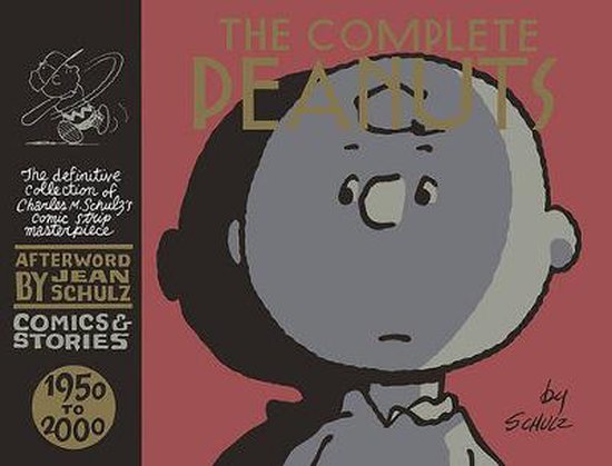 La couverture de 'The Complete Peanuts' présente Charlie Brown sur fond rouge avec le titre en lettres beiges et dorées.