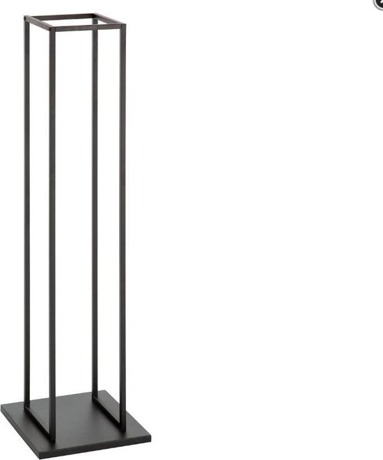Hoog, smal, zwart metalen rek met vierkant voetenstuk.