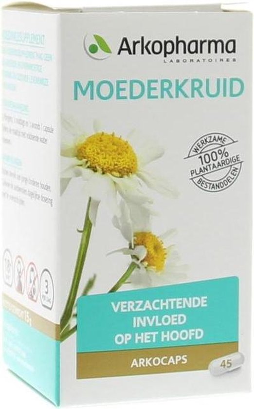 Doosje Arkopharma Moederkruid met afbeelding van bloemen. Tekst: 'VERZACHTENDE INVLOED OP HET HOOFD'. 45 capsules.
