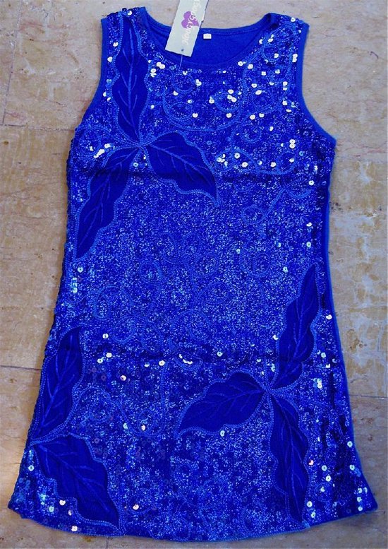 Hoogy Googy feestelijk jurkje met pailletten -blauw met bloem- maat 92/98