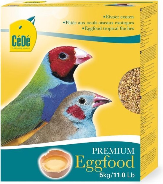 Cédé Premium Eggfood verpakking met twee tropische vinken erop, een rode en een blauwe. 5kg.