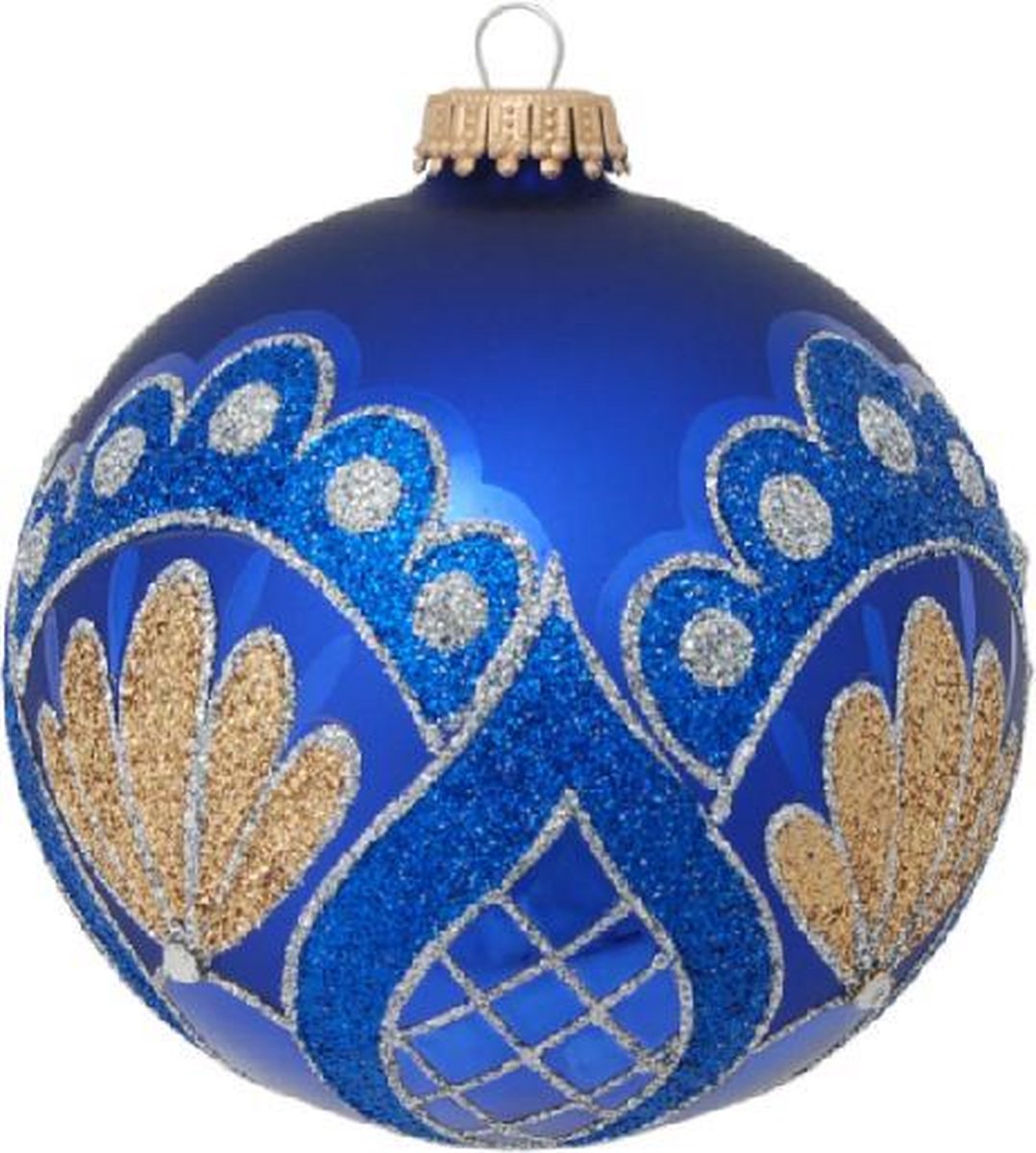 Stijlvolle Blauwe Kerstballen met Gouden en Blauwe Glitters - set van 3 stuks - met de hand gedecoreerd