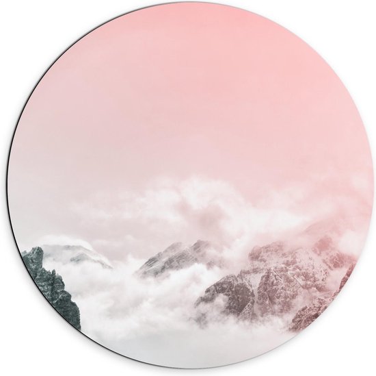 Dibond Wandcirkel - Wolken in de Bergen met Roze Lucht - 70x70cm Foto op Aluminium Wandcirkel (met ophangsysteem)