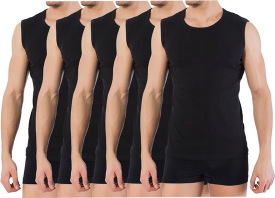 5 stuks A-shirt - ronde hals - mouwloos - zwart - Maat M-L