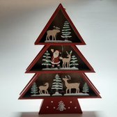 Houten kerstboom rood winters tafereel met kerstman en rendieren ledverlicht 23 cm hoo