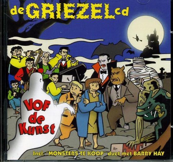 Albumhoes van 'VOF de Kunst - De Griezel CD' met een spook en monsters, inclusief tekst.