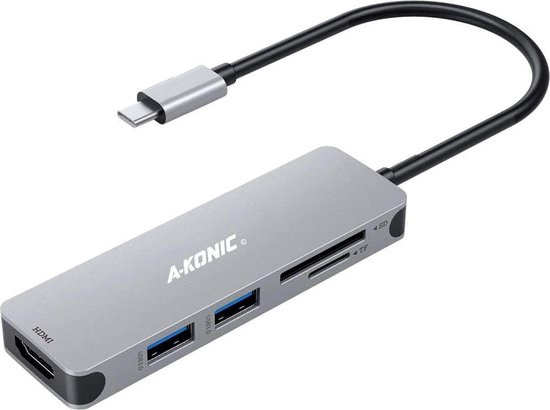 5 in 1 USB C naar HDMI 4K, 2x USB 3.0 (thunderbolt), usb-c opladen, SD card reader Hub | Type c adapter to HDMI 2* USB-A, type-c charging & kaart lezer - A-Konic