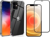iPhone 12 Hoesje en Screenprotector - iPhone 12 Hoesje Transparant Siliconen Shockproof Case + Screen Protector Glas Full