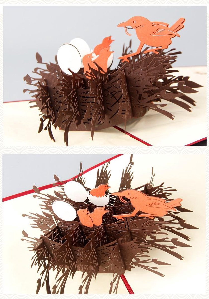 Pop up Bedankkaart Verhuiskaart - 3D liefdesnest vogelnest en vogeltjes pop-up wenskaart
