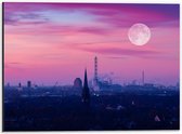 Dibond - Paars Roze Lucht met Maan boven Stad - 40x30cm Foto op Aluminium (Met Ophangsysteem)