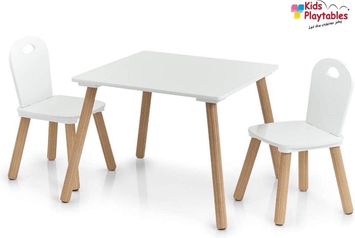 Wanorde bonen Absoluut Vierkante Kindertafel en stoeltjes van hout wit - 1 tafel en 2 stoelen voor  kinderen -... | bol.com