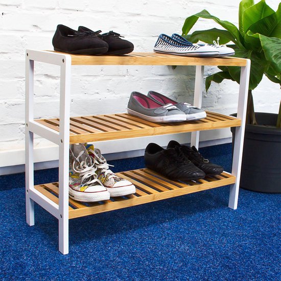 Relaxdays, Naturel schoenenrek bamboe, schoenenbank met zitting en 2