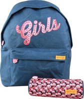 EMOJI Girls Jeans Rugzak Rugtas School Tas 6-12 Jaar met Etui