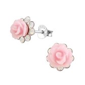 Joy|S - Zilveren roze roosje oorbellen met kristal