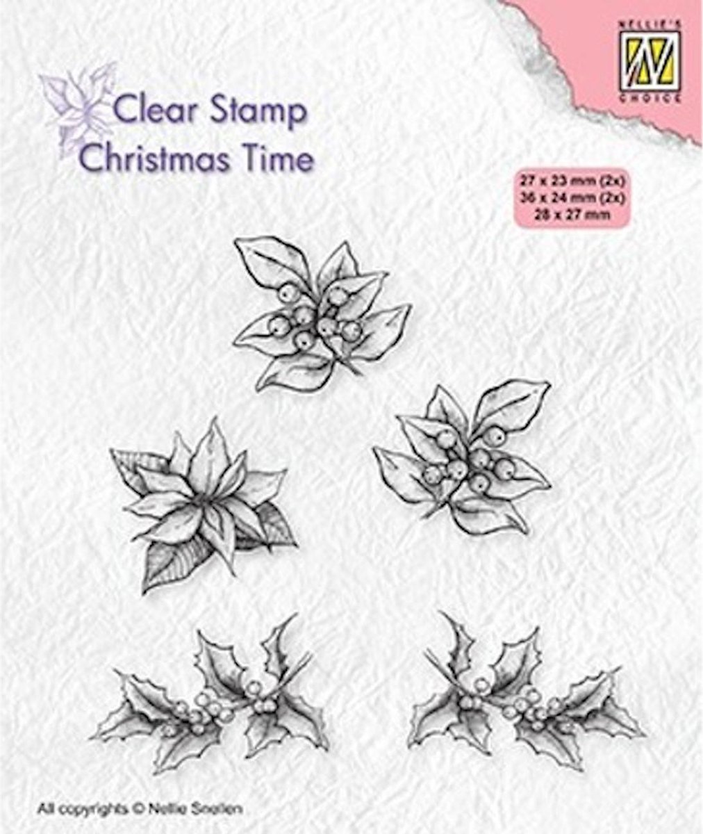 CT036 Clear stamp Nellie Snellen - kerst stempel poinsetta - kerstroos hulst takje en besjes kerstmis