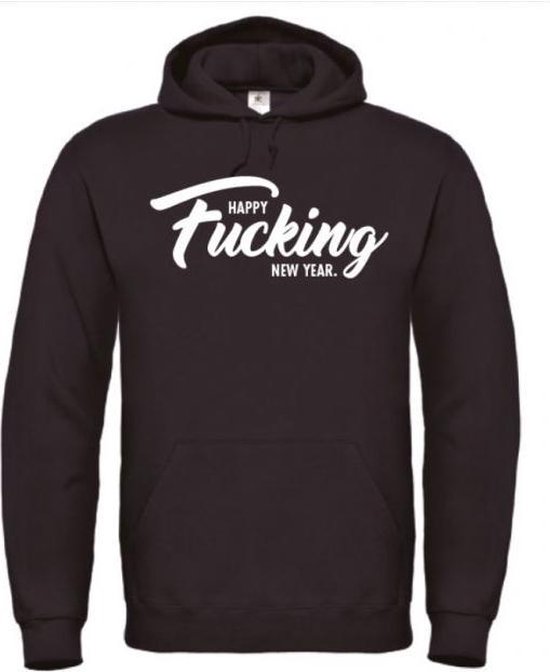 Kerst hoodie zwart XXL - Happy fucking new year - wit - soBAD. | Kleding | Hoodie unisex | Hoodie mannen | Hoodie dames | Kerst | Oud&nieuw | Nieuwjaar | glitter