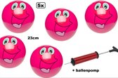 5x Speel voetbal smiling face 23 cm pink + ballenpomp - voetbal speelbal strand straat bal