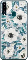 Samsung Galaxy A20s hoesje siliconen - Witte bloemen - Soft Case Telefoonhoesje - Bloemen - Blauw