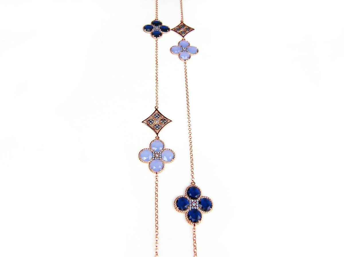Lange zilveren collier halsketting roos goud verguld Model Sugary Sweetness gezet met blauwe stenen