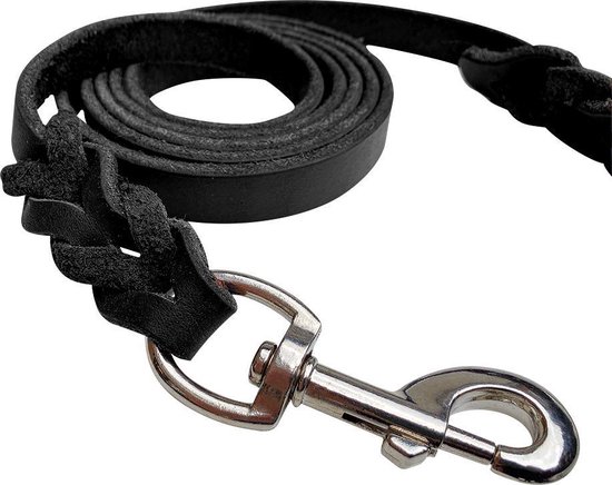 Hondenriem - 180cm - Zwart - gevlochten leren hondenriem - 100% volnerfleer - hondenriem leer