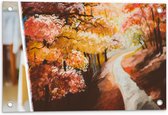 Tuinposter – Schildering Bos met Oranje Bomen  - 60x40cm Foto op Tuinposter  (wanddecoratie voor buiten en binnen)