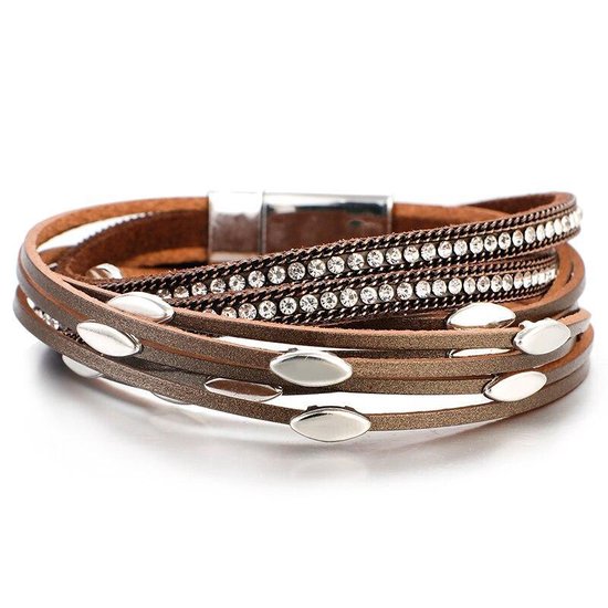 Foto: Armband dames leren wikkelarmband 18 5 cm bergkristal grijs