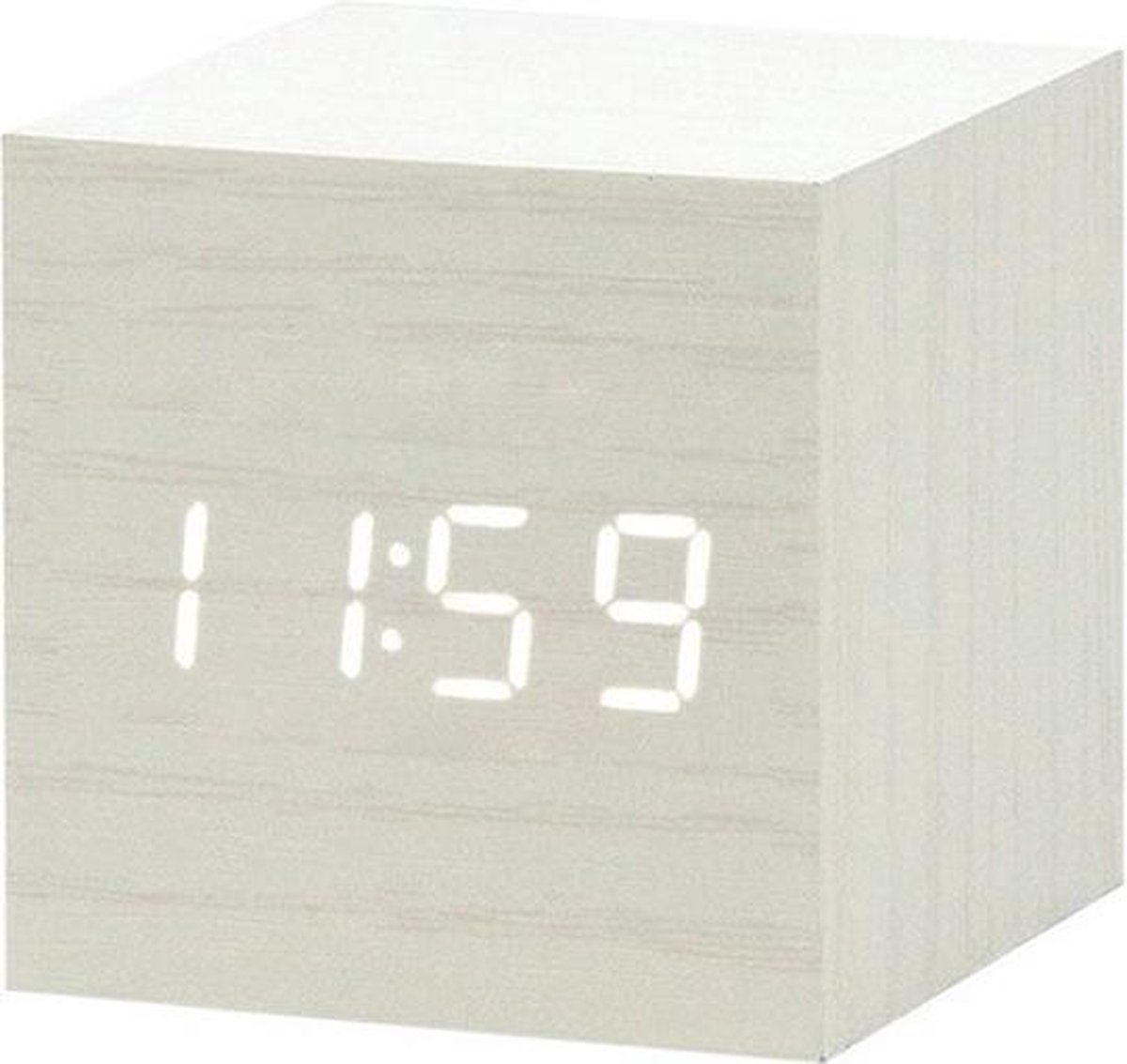 Houten wekker Kubus - Wit - Digitale wekker - Thermometer - Dimbaar – Cube klok clock - Gratis Adapter - Draadloos