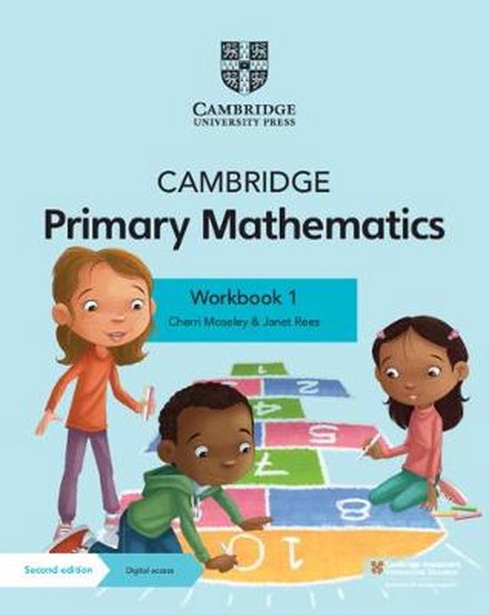 Cambridge Primary Mathematics Workbook 1 met digitale toegang, tweede editie. Drie kinderen spelen op een hinkelbaan.