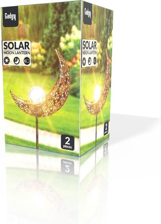 Gadgy Solar Tuinverlichting - Maan Lamp met grondspies - Tuinverlichting op zonneenergie Buiten - Set van 2 st. - Led Buitenverlichting met Sensor - Tuinlantaarn - Tuinfakkel 88 cm hoog - Tuinsteker - Brons - Metaal - Gadgy