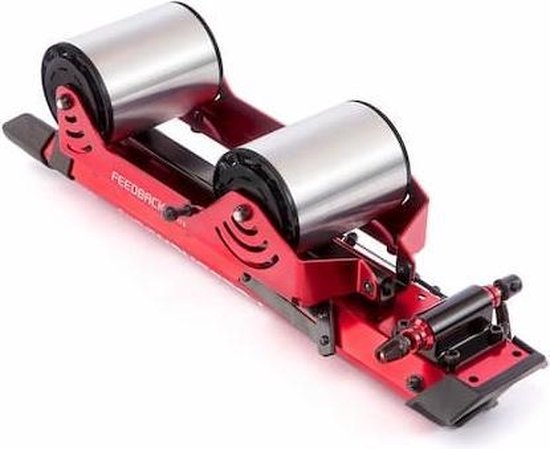 Rode Feedback Sports Omnium fietstrainer met twee metalen rollen en zwarte onderdelen.