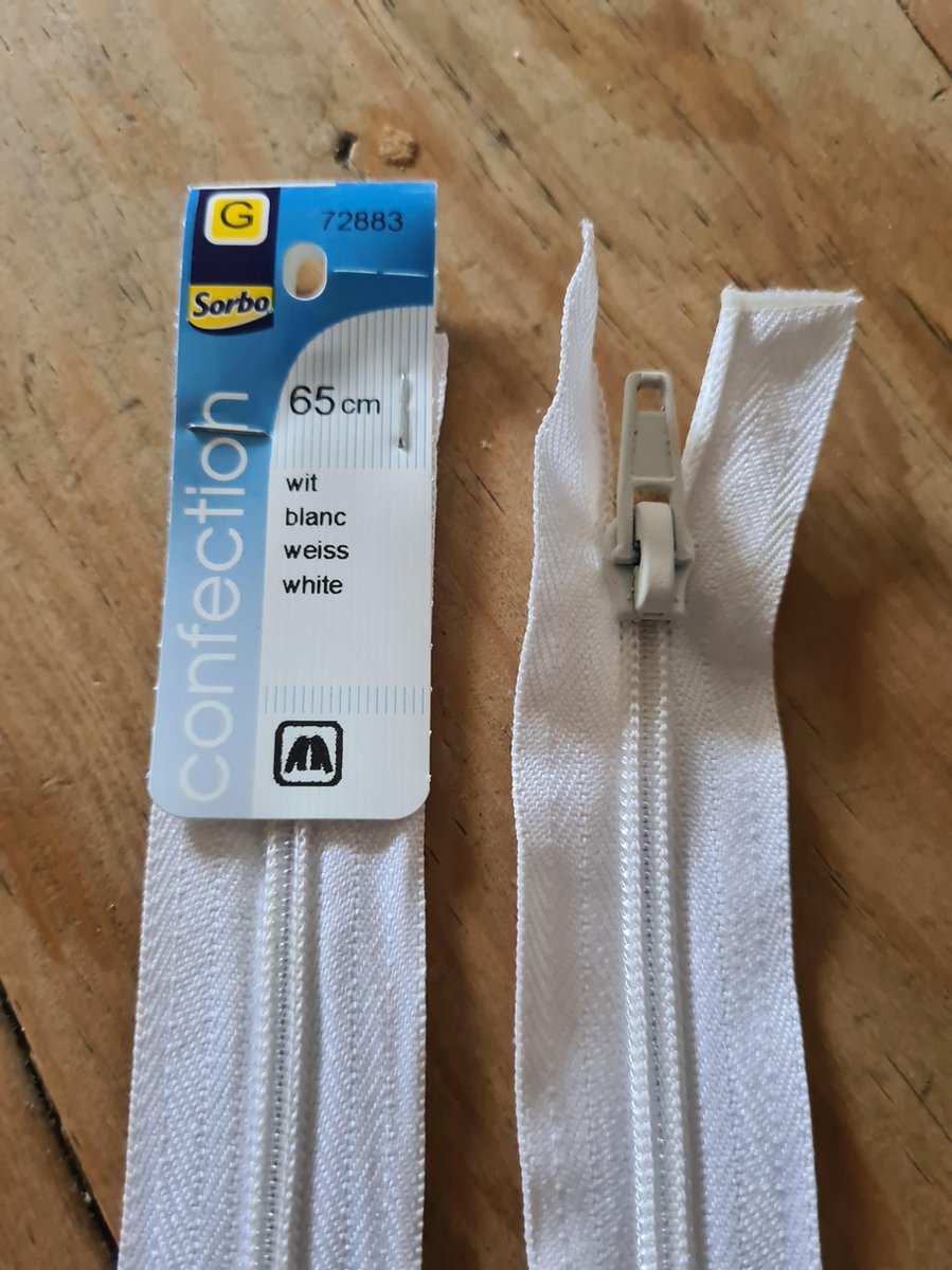 Rits wit katoen, met nylon rits. 65cm Sorbo