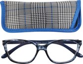 Lilly&June Leesbril Blauw Marmer +1.5 - Met Blauw Pied-de-Poule Etui