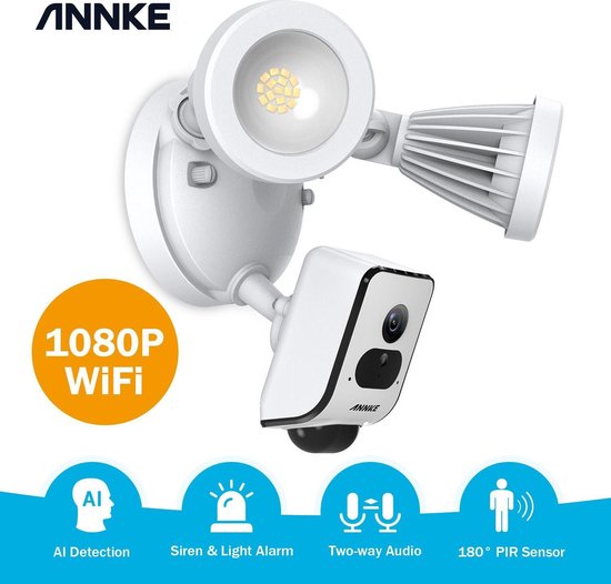 Annke 1080p HD foodlight wifi beveiligingscamera met schijnwerper, led-spots, bewakingscamera voor buiten, sirene en intercomfunctie, cloud-opslag beschikbaar
