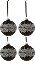 J-Line Doos Van 4 Kerstballen Suiker Midden Diamanten Lijn Glas Mat Zwart Medium Set van 2 stuks
