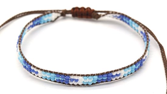 Bracelet Femme - Cordon avec Perles - Longueur Ajustable - Marron et Blauw - Dielay