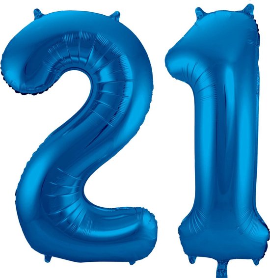 Ballon Cijfer 21 Jaar Blauw Verjaardag Versiering Blauwe Helium Ballonnen Feest Versiering 86 Cm XL Formaat Met Rietje